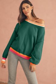 Blackish Green Striped Trim Drop Shoulder Sweater (size: (US 12-14)L)