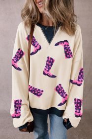 White Sequin Boots Graphic Patchwork Neck Sweatshirt (size: (US 8-10)M)