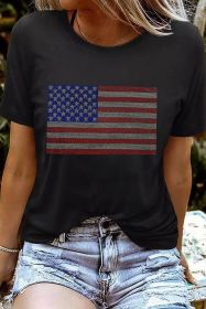 Black Rhinestone American Flag Graphic Round Neck Tee (size: (US 12-14)L)