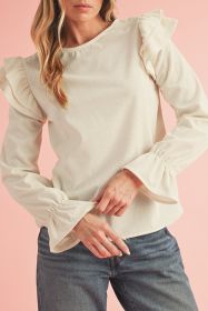 Beige Corduroy Round Neck Ruffled Flounce Sleeve Blouse (size: (US 12-14)L)