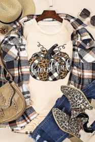 Khaki Thankful Letter Print Pumpkin Graphic Tee (size: (US 12-14)L)