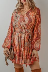 Orange Boho Paisley Print Long Sleeve Pleated Belted Mini Dress (size: (US 8-10)M)