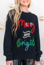 Black Christmas Tinsel Merry and Bright Graphic Sweater (size: (US 8-10)M)