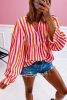 Orange Stripe Balloon Sleeve Notched V Neck Blouse