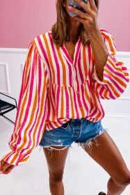 Orange Stripe Balloon Sleeve Notched V Neck Blouse (size: (US 12-14)L)