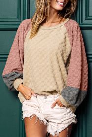 Parchment Patchwork Checked Pattern Lantern Sleeve Top (size: (US 8-10)M)