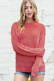 Red Casual Stripe Print Round Neck Sweater (size: (US 12-14)L)