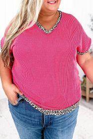 Rose Red Leopard Trim V Neck Short Sleeve Plus Size Corded Top (size: (US 18W-20W)2X)