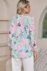 Green Tropical Floral Frill V-Neck Puff Sleeve Blouse