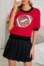 Red Sequin Rugby Color Block Puff Sleeve Knit Top (size: (US 8-10)M)