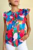 Dark Blue Abstract Print Sleeveless Pleated Ruffle Blouse