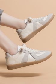 Beige PU Leather Suede Patchwork Flat Sneakers (size: (US 7)38)