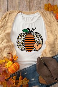 White Leopard Striped Pumpkin Printed Thanksgiving T Shirt (size: (US 12-14)L)