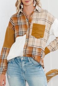 Orange Plaid Color Block Patchwork Pocket Shirt Shacket (size: (US 12-14)L)