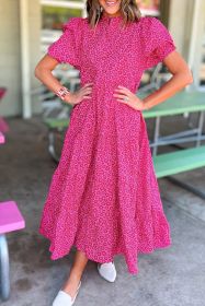 Rose Red Mock Neck Puff Sleeve Floral Tiered Maxi Dress (size: (US 8-10)M)