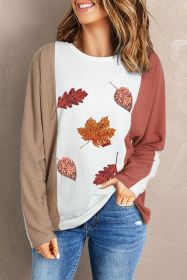 Apricot Colorblock Thanksgiving Sequin Fall Leaves Ribbed Knit Graphic Top (size: (US 18-20)2XL)
