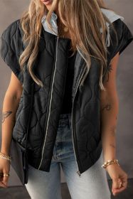 Black Quilted Drawstring Hooded Zip Up Puffer Vest (size: (US 12-14)L)