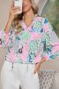 Green Tropical Floral Frill V-Neck Puff Sleeve Blouse