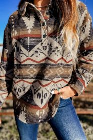 Brown Geometric Print Henley Collared Sweatshirt (size: (US 12-14)L)