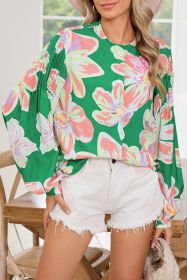 Green Floral Pleated Puff Sleeve Blouse (size: (US 12-14)L)