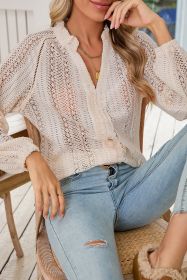 White Frill V-neck Puff Sleeve Lace Blouse (size: (US 12-14)L)