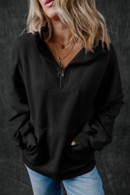 Black Zip-up Stand Neck Kangaroo Pocket Sweatshirt (size: (US 12-14)L)