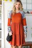 Brown Waffle Leopard Colorblock Long Sleeve Knit Short Dress
