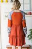 Brown Waffle Leopard Colorblock Long Sleeve Knit Short Dress