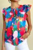 Dark Blue Abstract Print Sleeveless Pleated Ruffle Blouse