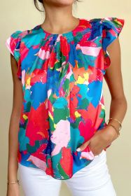Dark Blue Abstract Print Sleeveless Pleated Ruffle Blouse (size: (US 8-10)M)