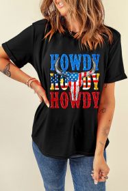 Black HOWDY American Flag Steer Head Graphic Crewneck Tee (size: (US 12-14)L)