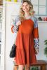 Brown Waffle Leopard Colorblock Long Sleeve Knit Short Dress