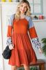 Brown Waffle Leopard Colorblock Long Sleeve Knit Short Dress