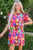 Rose Red Abstract Print Smocked Flutter Shoulder Mini Dress
