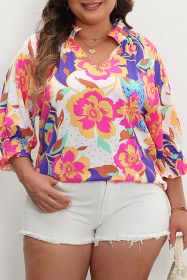 Rose Red Floral Puff Sleeve Notched Neck Plus Blouse (size: (US 14W-16W)1X)