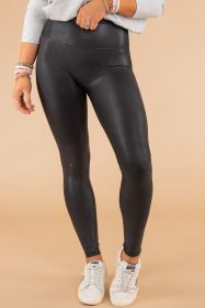 Black Piping Trim Sleek Leather High Waist Leggings (size: (US 12-14)L)