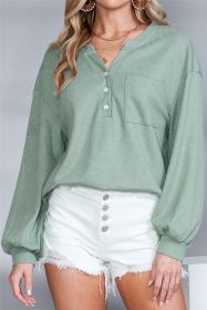 Green Waffle Knit Solid Color Long Sleeve Henley Top (size: (US 12-14)L)