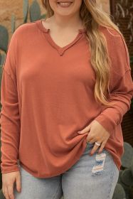 Gold Flame Plus Size Exposed Seam V Neck Long Sleeve Top (size: (US 14W-16W)1X)