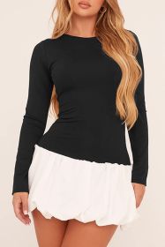 Black Patchwork Bubble Hem Long Sleeve Mini Dress (size: (US 12-14)L)