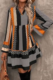 Black Striped Polka Dot Print Ruffle Hem V Neck Loose Mini Dress (size: (US 12-14)L)
