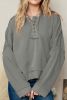 Grey Solid Casual Button Patchwork Trim Hoodie