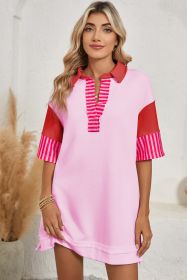 Pink Stripe Colorblock Sleeve Collared Mini Dress (size: (US 12-14)L)