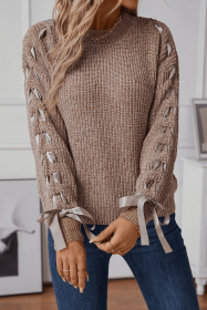 Dark Khaki Solid Color Loose Bow Pullover Sweater (size: (US 12-14)L)