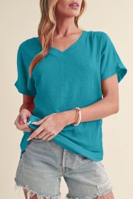 Blue Plain Crinkled V Neck Flounce Sleeve T Shirt (size: (US 20-22)2XL)