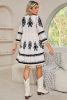 Beige Ethnic Print Notch V Neck Fringe Mini Dress