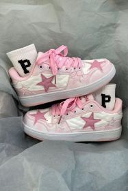 Pink Star Patch Color Block Lace-up Flat Sneakers (size: (US 7)38)