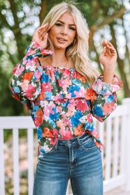 Multicolor Bohemian Floral Print Shirred Ruffle Off Shoulder Blouse (size: (US 18-20)2XL)