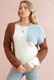 Khaki Mix Textured Knit Colorblock Mock Neck Sweater (size: (US 8-10)M)