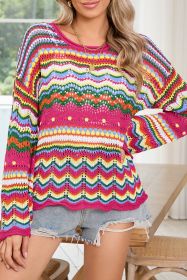 Rose Red Colorblock Striped Hollowed Knit Loose Sweater (size: (US 8-10)M)