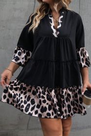 Black Leopard Patchwork Split Neck Ruffle Plus Size Dress (size: (US 18W-20W)2X)